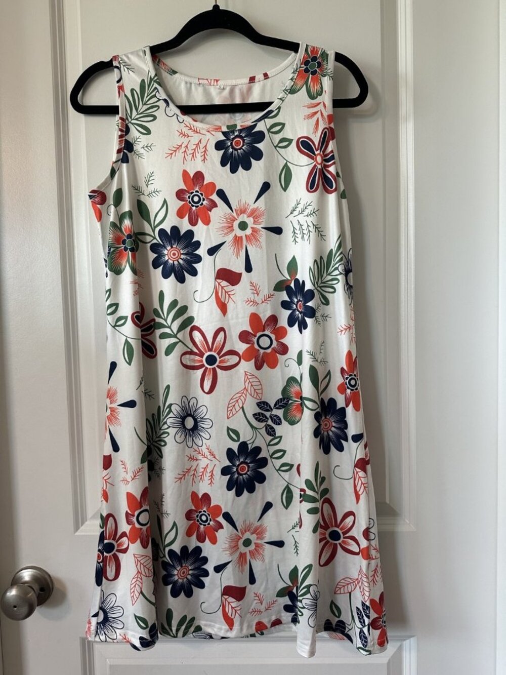 White Floral Sleeveless Tank Dress Red Navy Green Print Size S